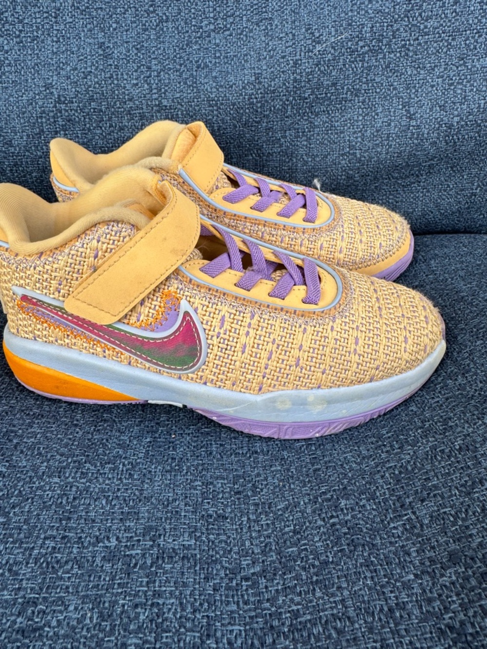 Nike LeBron XX Youth Yellow and Purple Knit Sneaker with Multicolor Swoosh